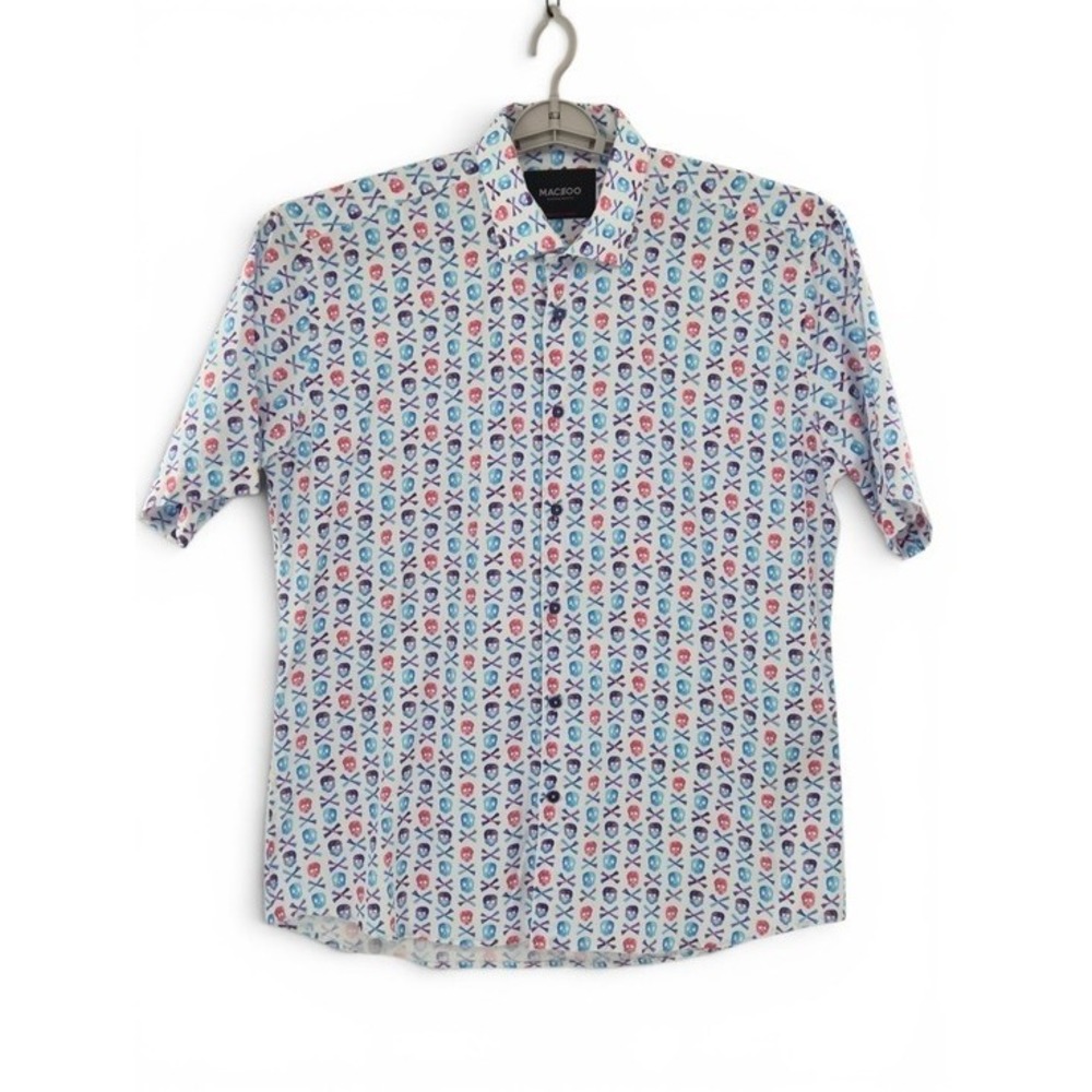 MACEOO Mens White Allover Skull Crossbones Button-Up Shirt L Cotton Short Sleeve